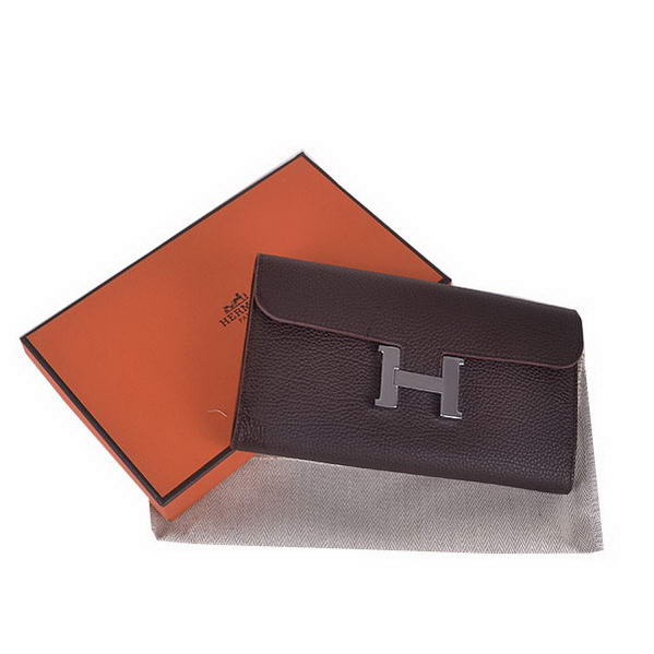 Cheap Fake Hermes Constance Long Wallets Brown Calfskin Leather Silver